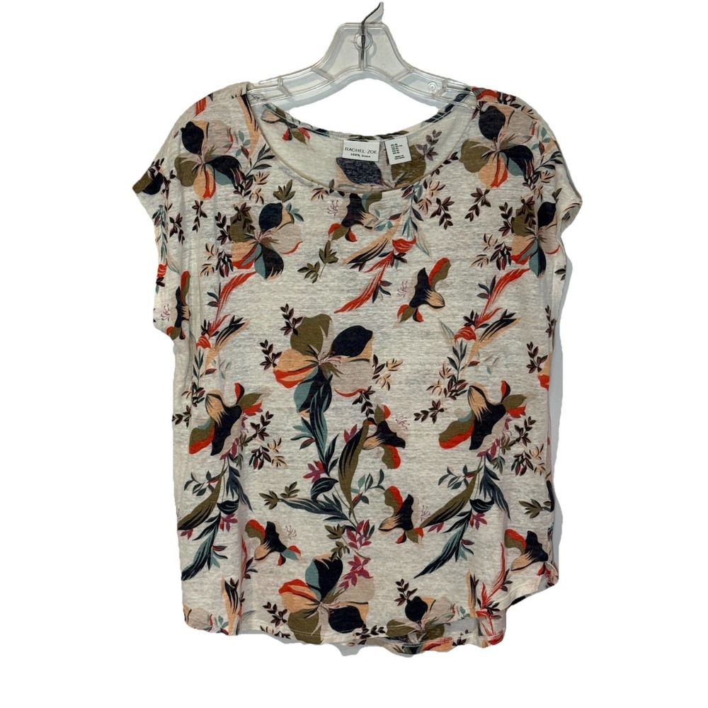 Rachel Zoe 100% Linen Blouse Top Sz XL Tropical Floral Beige Orange Short Sleeve